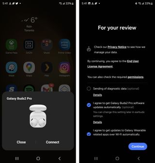 Screenshots showing initial pairing process with Samsung phone.