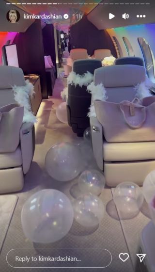 Kim Kardashian shares images of Kylie Jenner's jet decorated for Kim's birthday party.