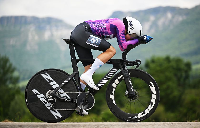LEZANA DE MENA, SPAIN - MAY 25: Marlen Reusser of Switzerland and Movistar Team - Purple Leader Jersey competes during the 10th Vuelta a Burgos Feminas 2025, Stage 4 a 9.41km individual time trial stage from Villasana de Mena to Lezana de Mena / #UCIWWT / on May 25, 2025 in Lezana de Mena, Spain. (Photo by Szymon Gruchalski/Getty Images)