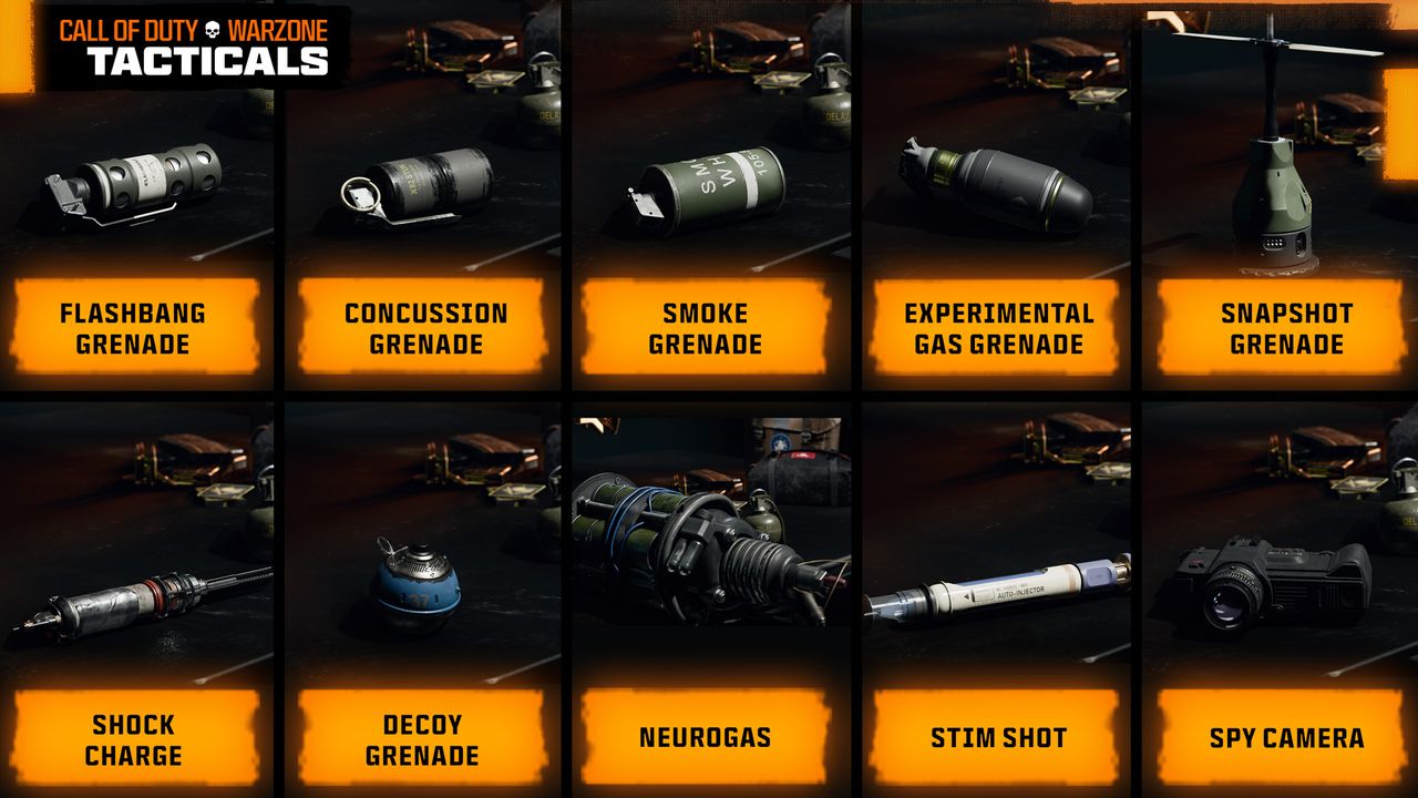 Call of Duty: Black Ops 6 and Warzone Integration begins in Season 1, with ten tactical eqiuipment options being available following the update. This includes flashbangs, concussion grenades, smoke grenades, experimental gas grenades, snapshot grenades, shock charges, decoy grenades, neurogas, stim shots, and spy cameras.