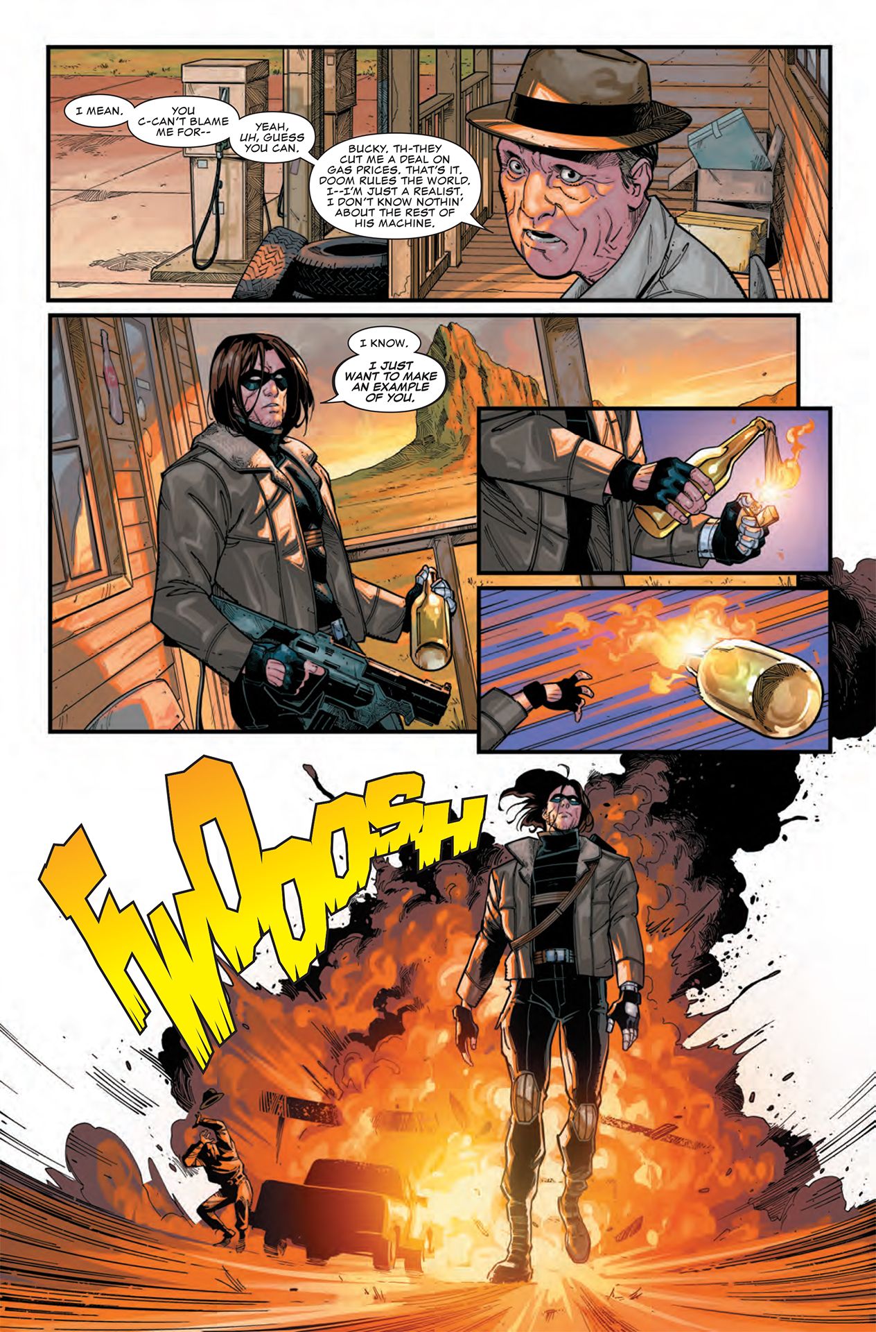 Bucky throwing a molotov cocktail and casually walking away from the explosion