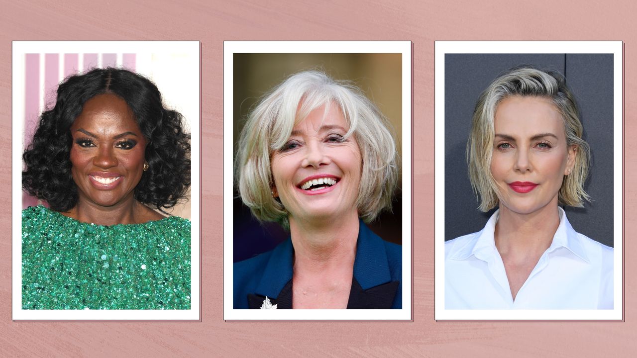  Viola Davis is pictured with a short, curly bob, alongside a picture of Emma Thompson with a &quot;mushroom&quot; style bob and finally, Charlize Theron, who is seen with a short, side-swept bob/ in a pink textured 3-picture template