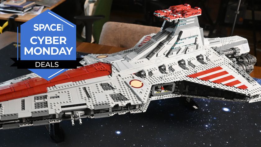 A Lego Star Wars UCS Venator, built, on a table. 