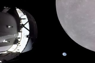 orion spacecraft at left, earth at bottom and moon at right with black of space behind