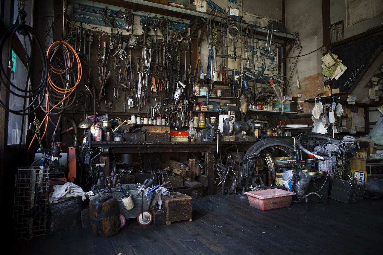 Cycling Tools and junk in a dark garage