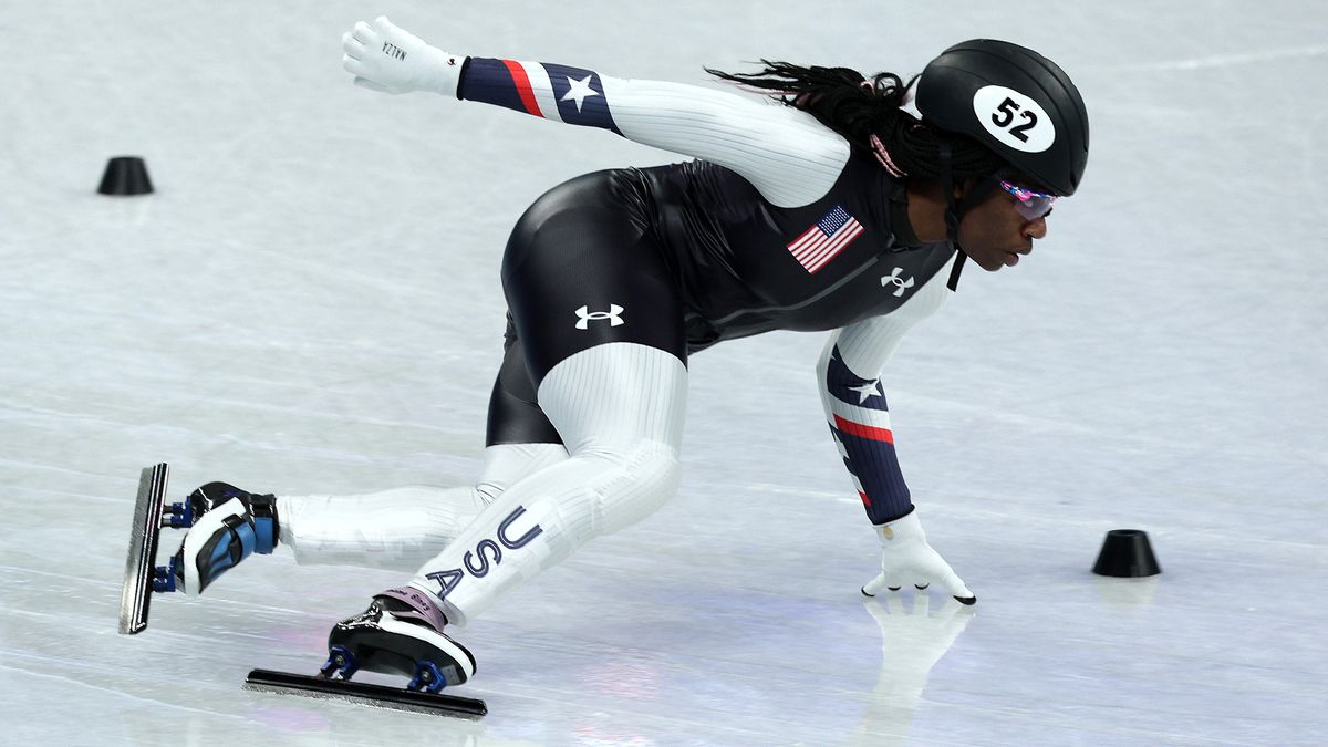 Maame Biney of Team United States skates during the Women&#039;s 500m Heats on day one of the Beijing 2022 Winter Olympic Games at Capital Indoor Stadium on February 5, 2022 in Beijing, China.