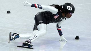 Maame Biney of Team United States skates during the Women's 500m Heats on day one of the Beijing 2022 Winter Olympic Games at Capital Indoor Stadium on February 5, 2022 in Beijing, China.