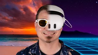 Wearing Oakley Meta HSTN smart glasses with a sunset beach background and a Meta Quest 3 headset with a synthwave 80s style background