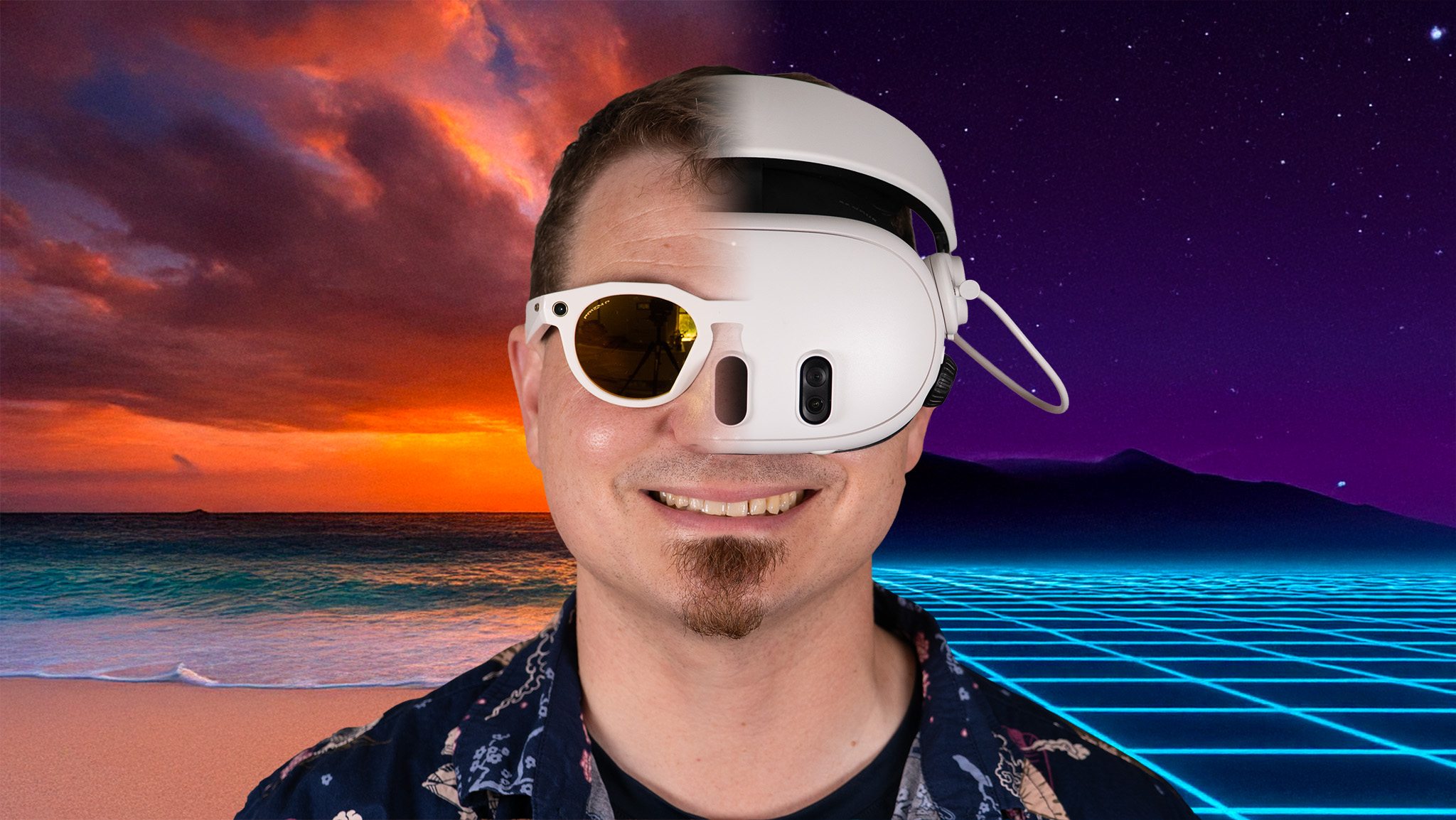 Wearing Oakley Meta HSTN smart glasses with a sunset beach background and a Meta Quest 3 headset with a synthwave 80s style background