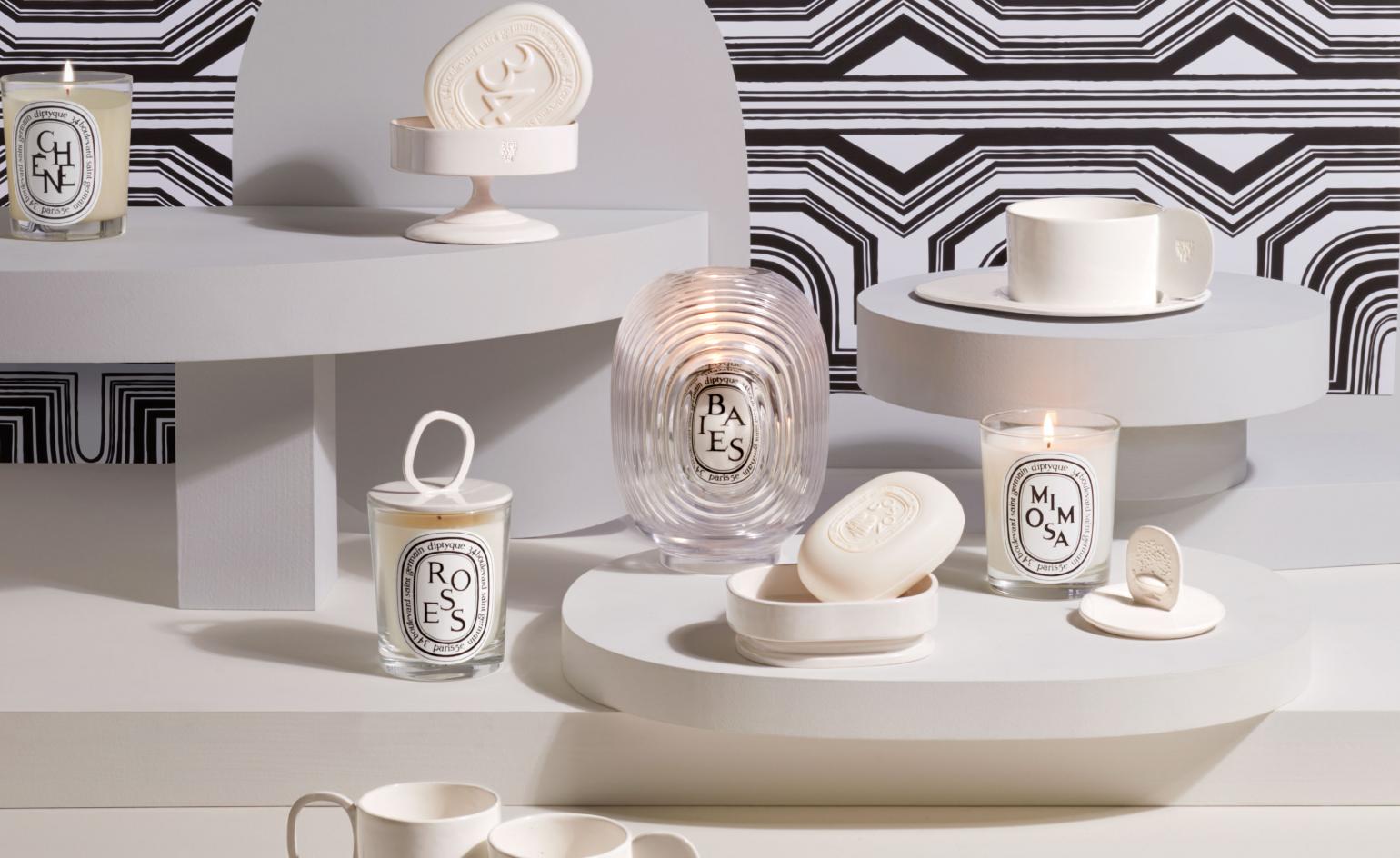 diptyque 60th anniversary entertaining and tableware collection decorated with black and white patterns