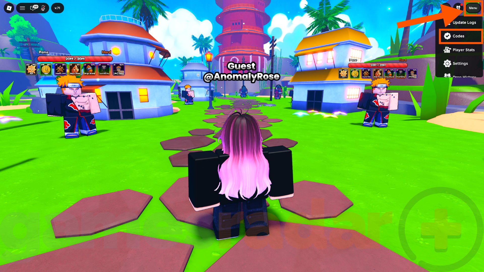 An orange arrow points to the menu where you can redeem Anime Astral Simulator codes.