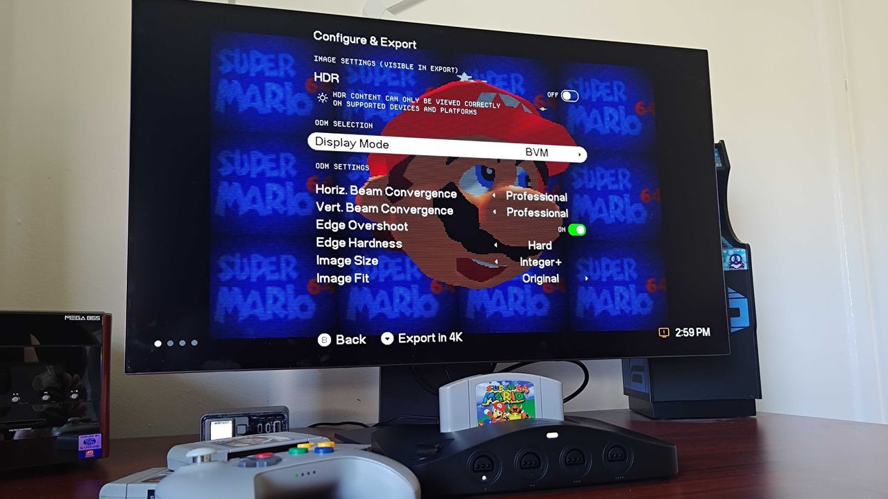 Analogue 3D plugged into monitor with Super Mario 64 title screenshot displayed and "configure &amp; export" menu overlay active.