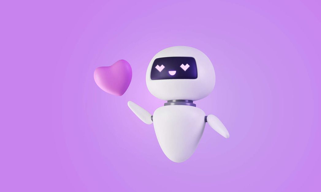 A robot holding a heart. Purple background 