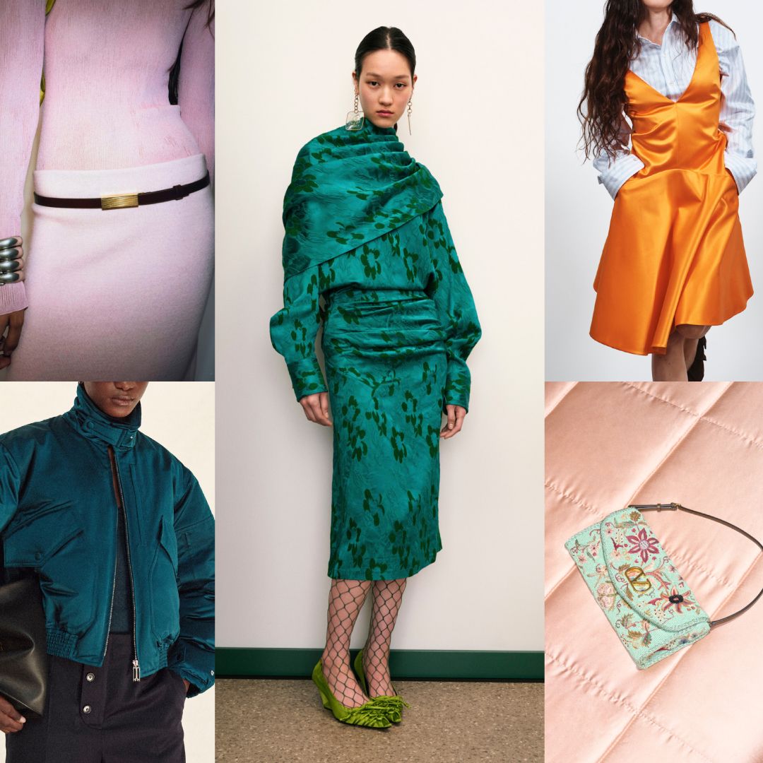 camel, pink, teal, pistachio, orange, and navy winter fashion color trends 2026 at Khaite, Victoria Beckham, Tory Burch, JW Anderson, Valentino Resort 2026