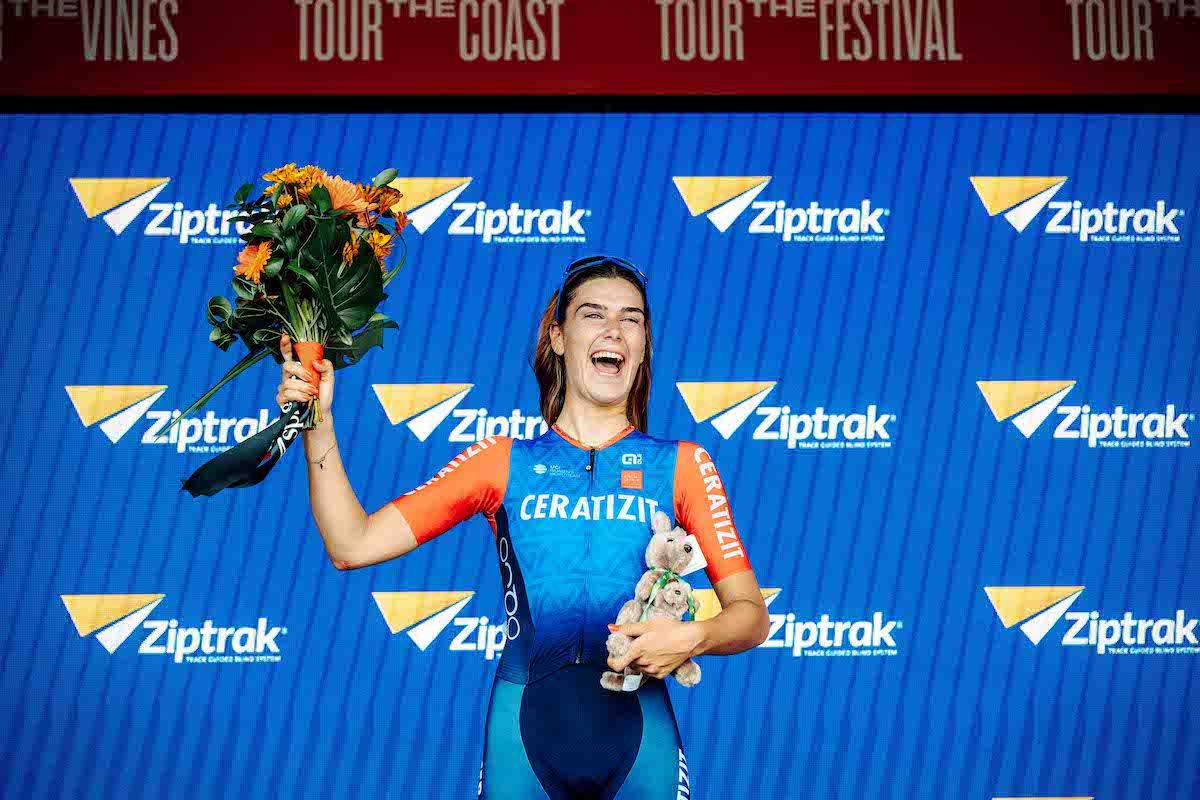 Daniek Hengeveld (Ceratizit-WNT) celebrates her first Women&#039;s WorldTour win on stage 1 of the Women&#039;s Santos Tour Down Under in Aldinga