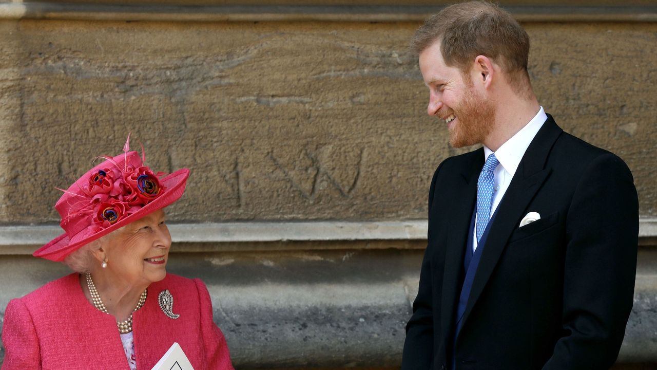 Queen Elizabeth II speaks with Prince Harry, Duke of Sussex as they leave after the wedding of Lady Gabriella Windsor to Thomas Kingston at St George&#039;s Chapel, Windsor Castle on May 18, 2019 in Windsor, England.