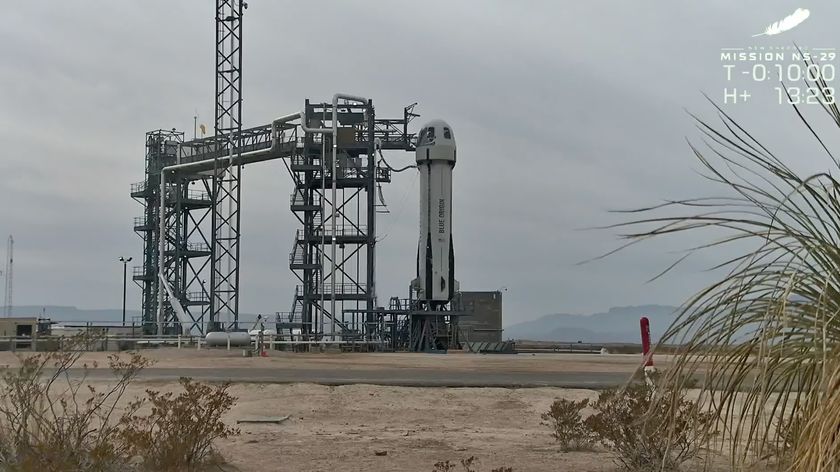 Blue Origin&#039;s New Shepard suborbital vehicle stands on the launch pad at the company&#039;s West Texas site on Jan. 28, 2025. A liftoff planned for that day was scrubbed due to weather and an avionics issue.