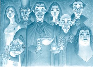 “The Reformed Vampyres, drawn for the 2003 Discworld Diary. I tinted my pencils digitally.”