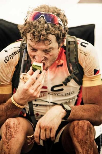 Kristian Hynek gets into some food at the finish.