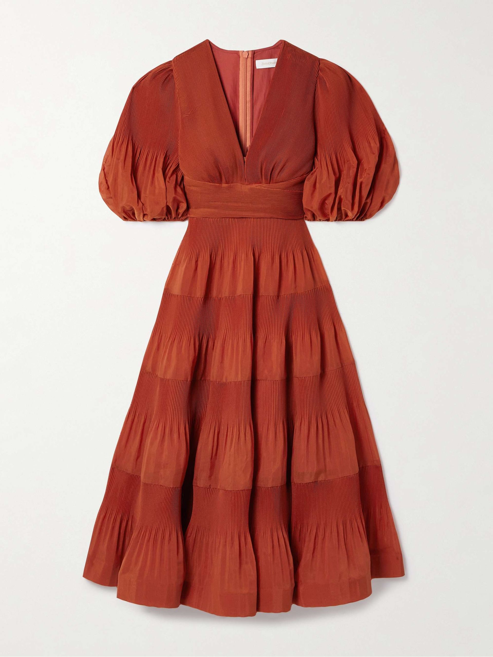 Tiered Plissé-Taffeta Midi Dress