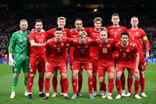 Denmark players pose for a team photograph prior to the international friendly match between Denmark and Switzerland at Parken Stadium on March 23, 2024 in Copenhagen, Denmark.