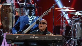 Singer Stevie Wonder performs Stevie Wonder onstage during the 45th NAACP Image Awards at Pasadena Civic Auditorium on February 22, 2014 in Pasadena, California. 