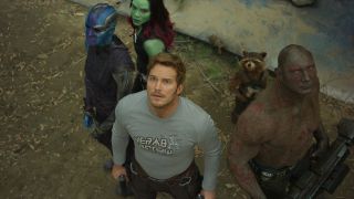 Gamora (Zoe Saldaña), Nebula (Karen Gillan), Starlord (Chris Pratt), Rocket (Bradley Cooper), and Drax (Dave Bautista) in Guardians of the Galaxy Vol. 2.