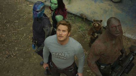 Gamora (Zoe Salda&ntilde;a), Nebula (Karen Gillan), Starlord (Chris Pratt), Rocket (Bradley Cooper), and Drax (Dave Bautista) in Guardians of the Galaxy Vol. 2.