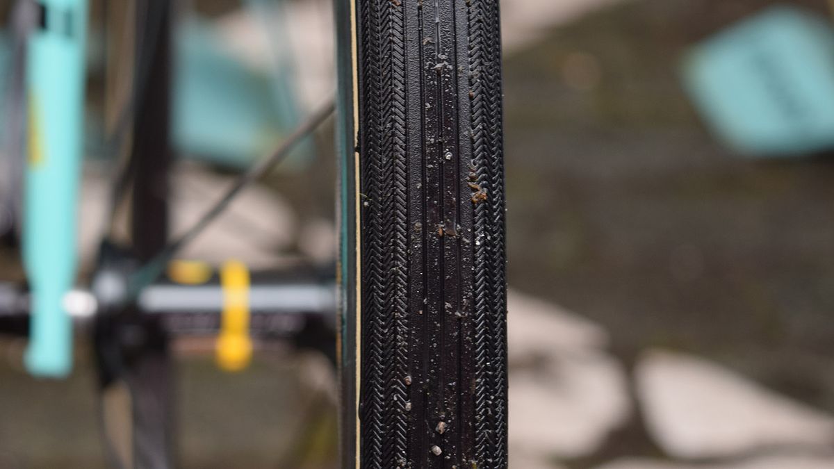 A close look at the outer tread pattern on LottoNL-Jumbo's Vittoria tubular tyres