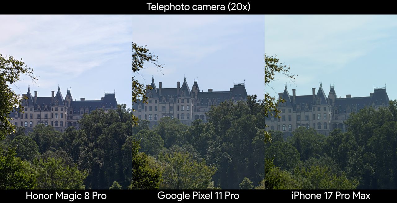 Comparing telephoto camera shots between the Google Pixel 11 Pro, iPhone 17 Pro Max, and Honor Magic 8 Pro