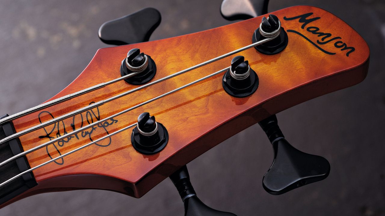 The headstock of a Manson John Paul Jones Signature E-Bass. During a studio shoot for Guitarist Magazine/Future via Getty Images, May 26, 2011.