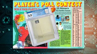 Mega-rare gold Nintendo cartridge superimposed on announcement of winners of said cartridges