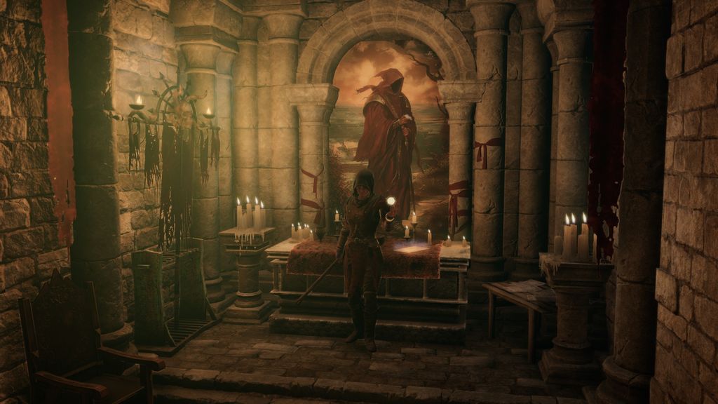 Tainted Grail: The Fall of Avalon screenshot showing the player standing in front of a blood-colored altar.