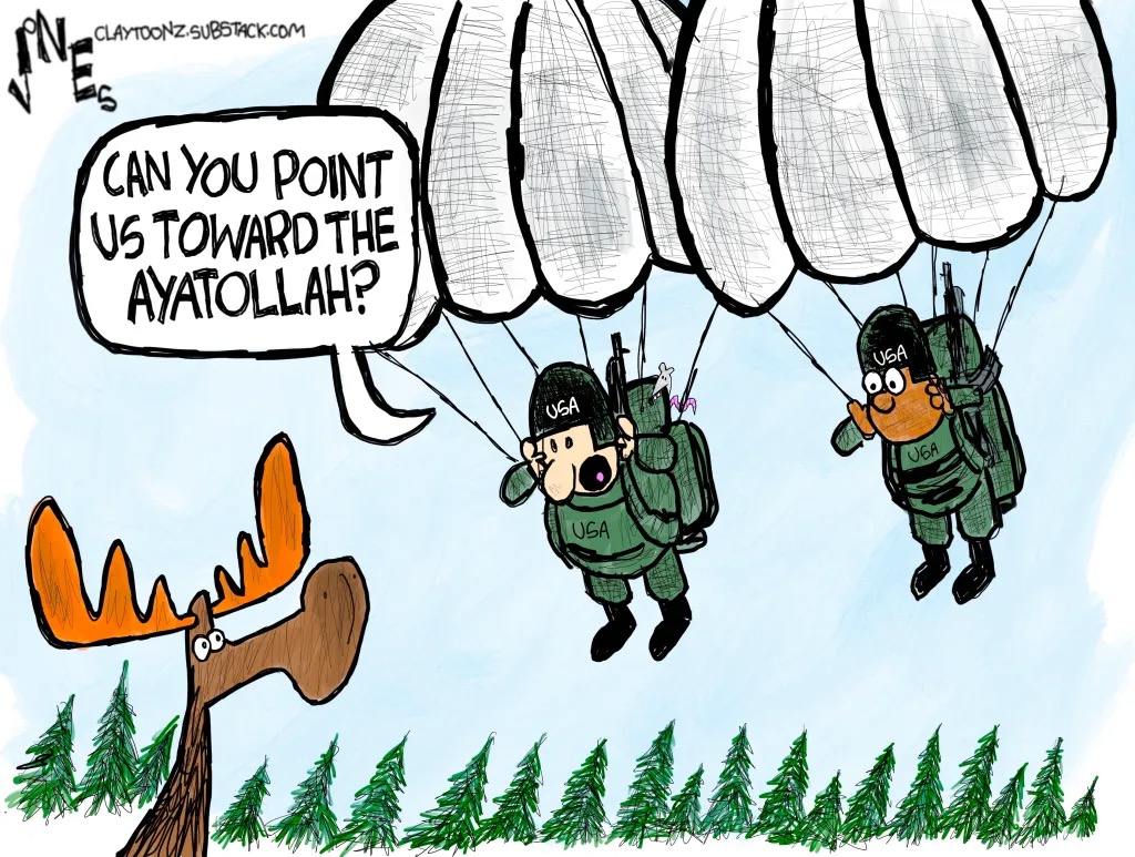 A Canadian moose looks up at two paratrooper from the United States floating to a landing in a field near pine trees. One of the soldiers says, "Can you point us toward the ayatollah?"