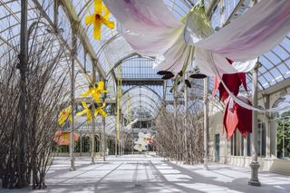 The artists created an installation of giant flowers, made from painted canvas stretched over steel frames