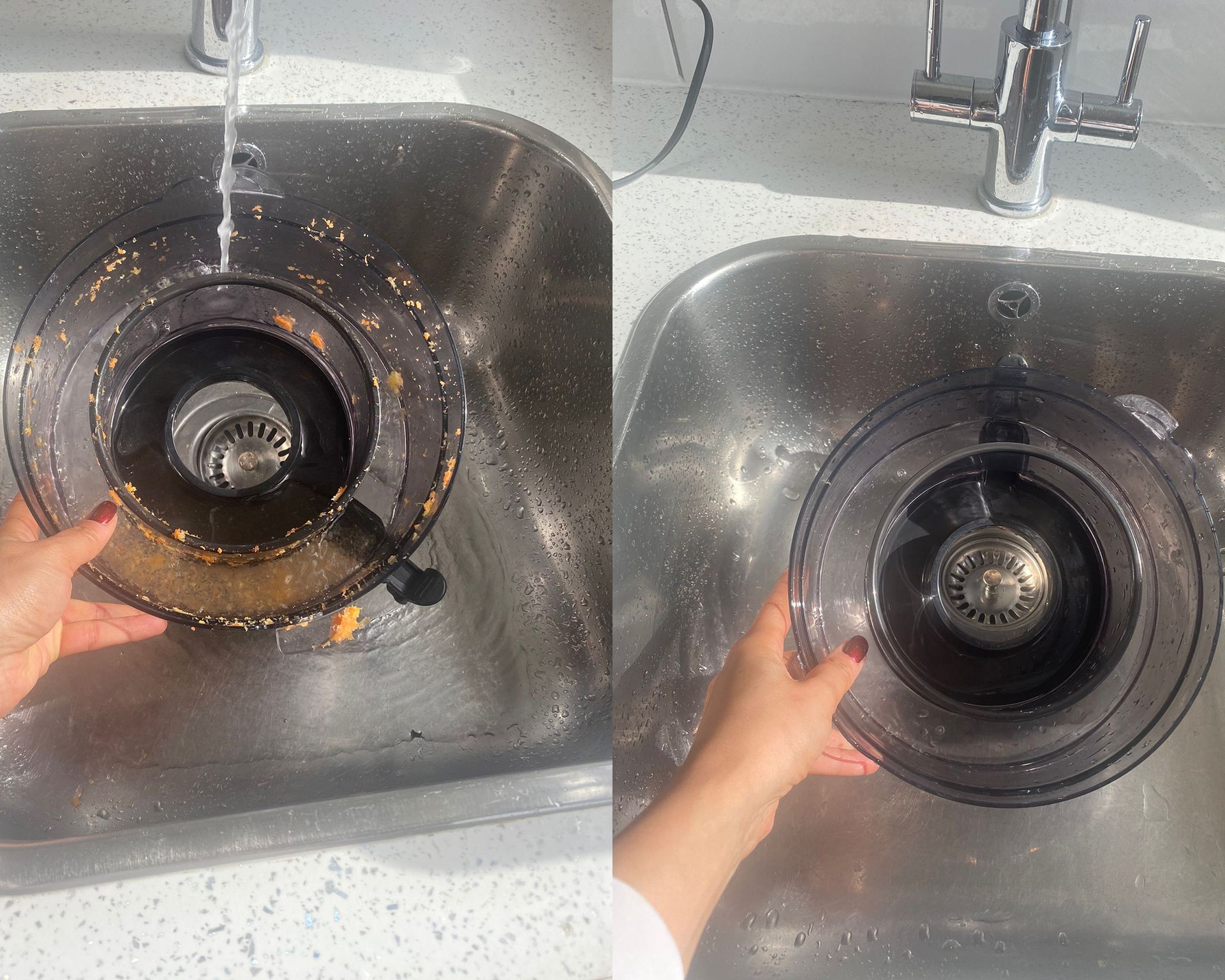 Christina Chrysostomou membilas komponen Nutribullet Juicer Pro di bawah air mengalir dengan keran dapur dan wastafel stainless steel