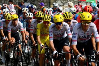 VILLENEUVESURLOT FRANCE JULY 11 LR Adam Yates of The United Kingdom Tadej Pogacar of Slovenia Yellow Leader Jersey and Pavel Sivakov of France and UAE Team Emirates compete during the 111th Tour de France 2024 Stage 12 a 2036km stage from Aurillac to VilleneuvesurLot UCIWT on July 11 2024 in VilleneuvesurLot France Photo by Dario BelingheriGetty Images