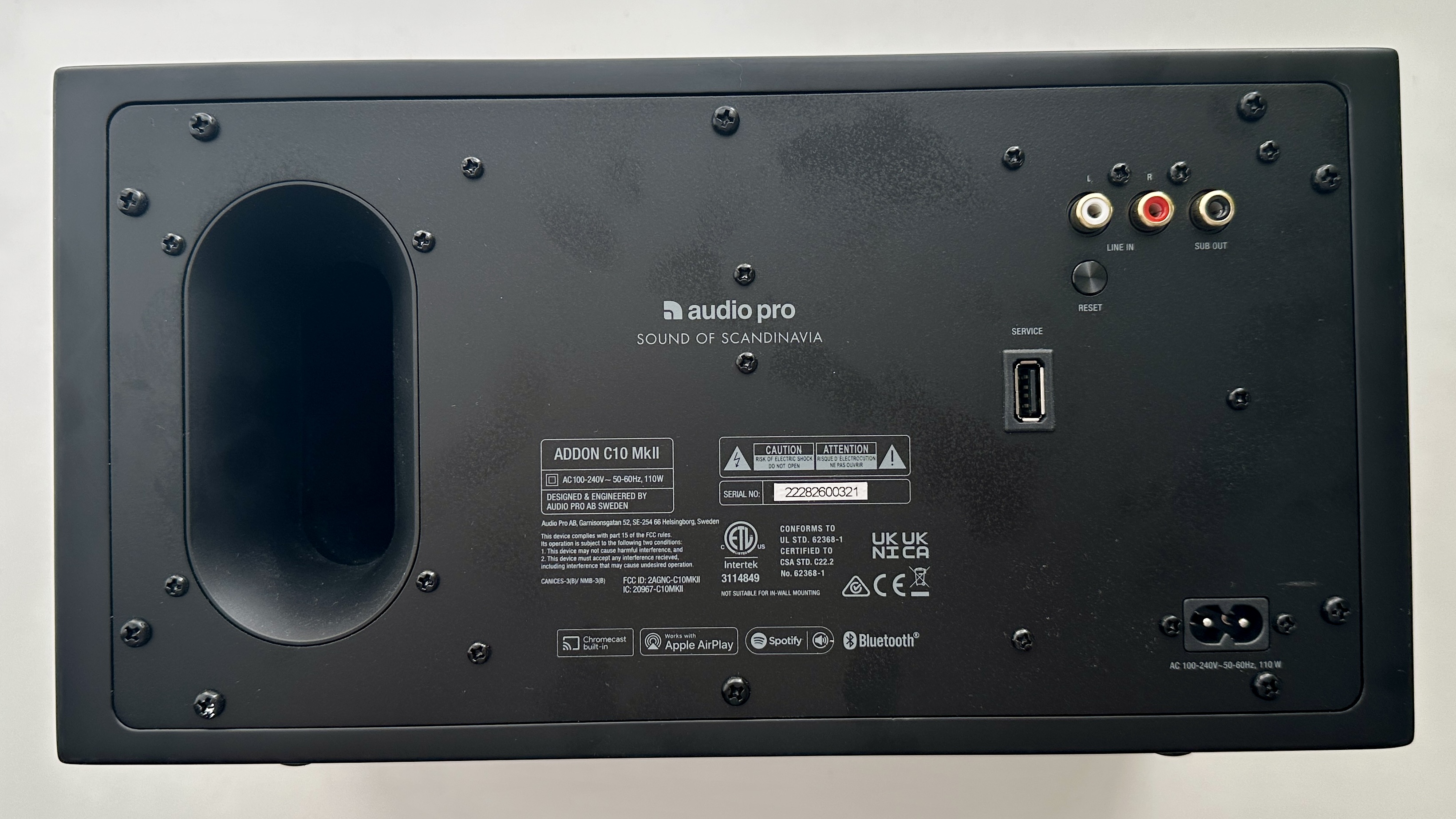 Rear panel of the Audio Pro Addon C10 MkII wireless speakers, featuring USB input, and charging port.