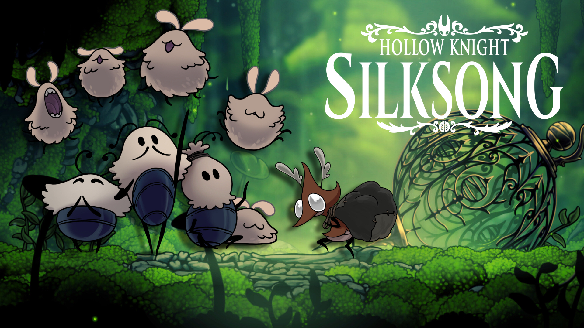 Silksong NPCs gather in a grassy area. Hollow Knight: Silksong logo in white positioned in top-right corner
