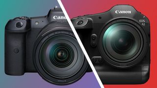 The Canon EOS R5 and EOS R1 cameras on a green and red background