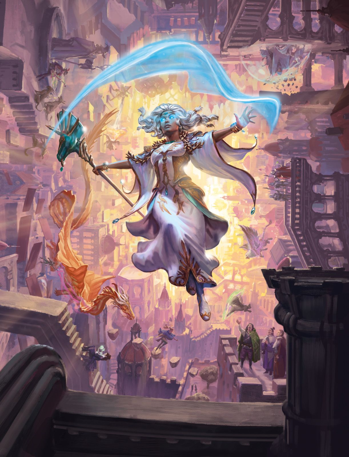 A wizard with a horse-headed staff floats in an impossible city