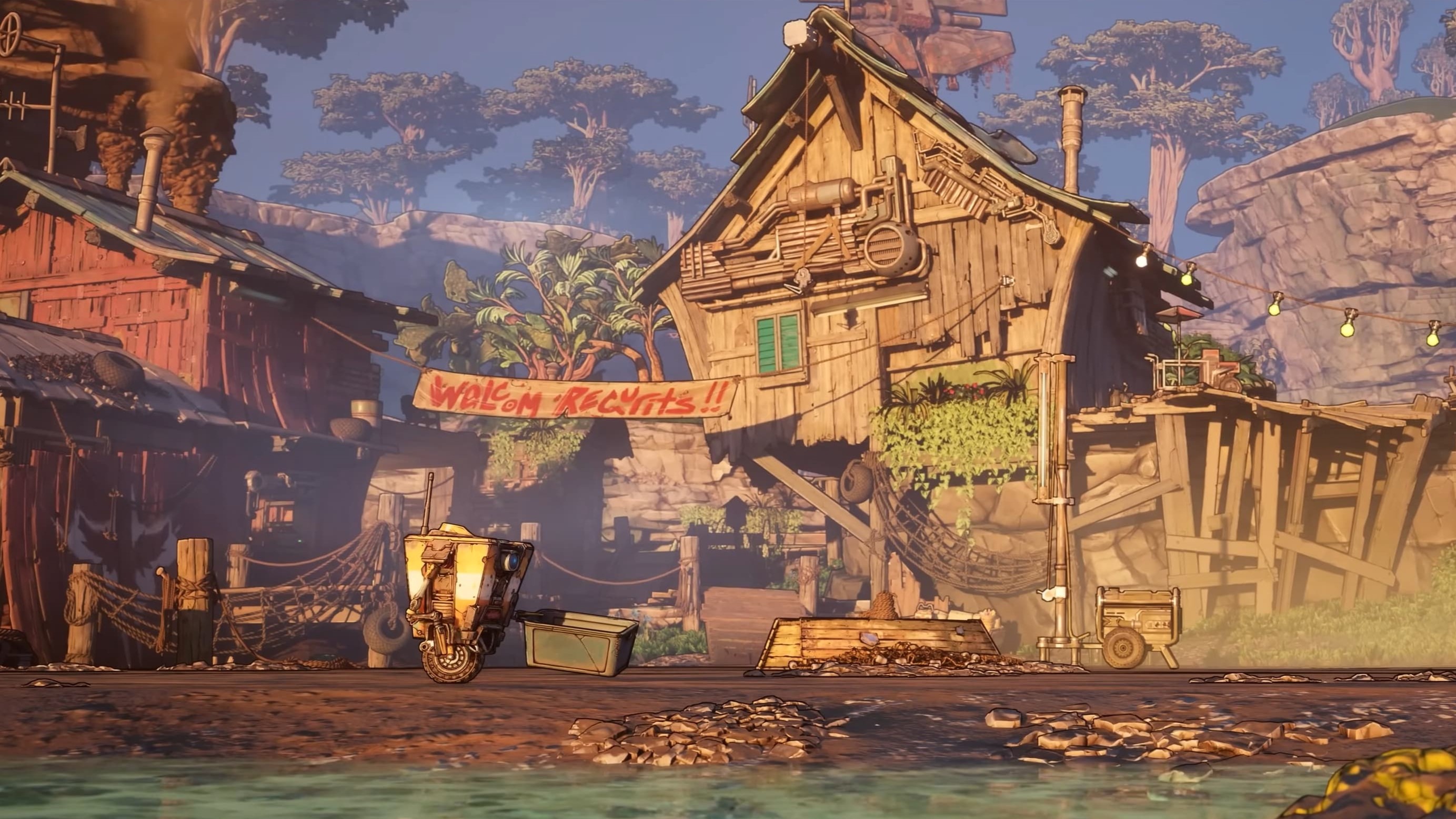 Borderlands 4 screenshot of Claptrap in a rundown village.