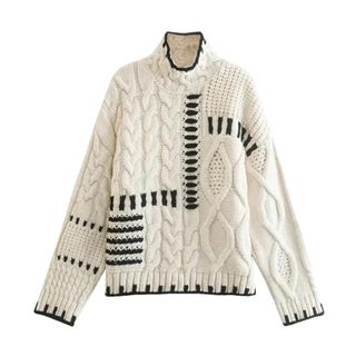 Bollrllr Schwarzer Patchwork-Pullover mit Zopfmuster und Rollkragenpullover, lockerer Pullover für Damen, Herbst, lässige Retro-Tops, Beige, L