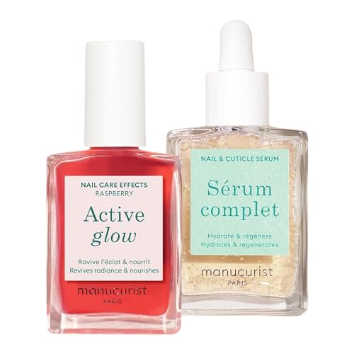 Manucurist Healthy Glow Duo - Active Glow Raspberry (pink) Repairing Nail Polish Care &amp;amp; Complete Nail &amp;amp; Cuticle Serum - 2 in 1 Nail Strengthener Polish - Plant-Based Formula - Beauty Gift for Women
