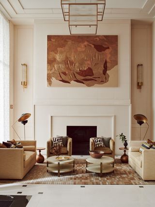 Living room with tapestry by Charu Gandhi
