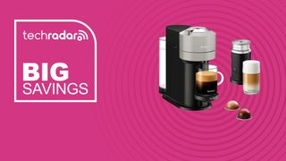 The Nespresso Vertuo Next on a pink background with text saying Big Savings next to it.