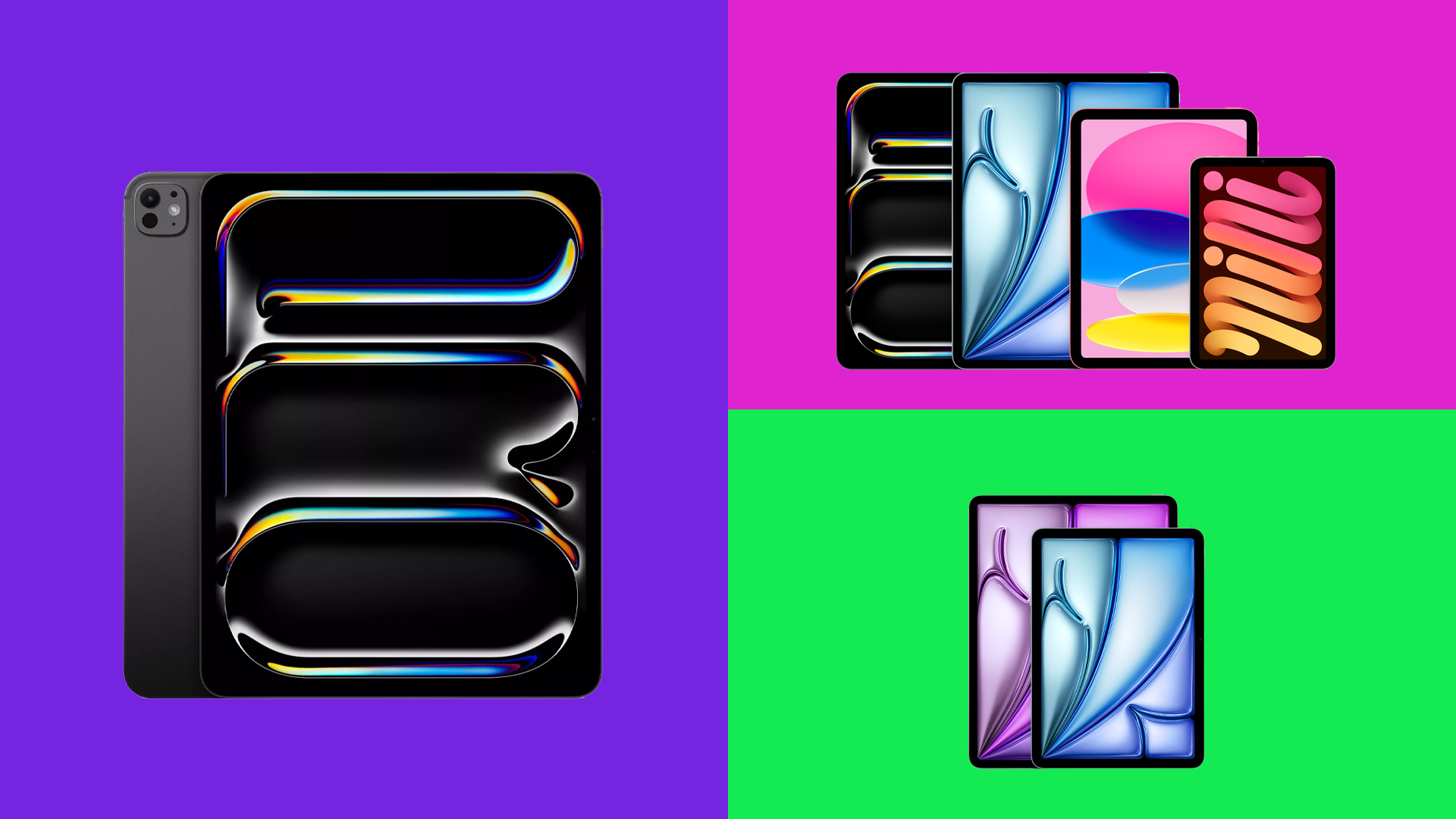 A selection of iPads on colourful backgrounds. 