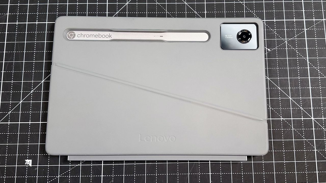 Top-down shot of the Lenovo Chromebook Duet 11 Gen 9's keyboard folio case with stylus notch.