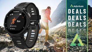 Garmin Forerunner 735XT watch superimposed over man running on mountain