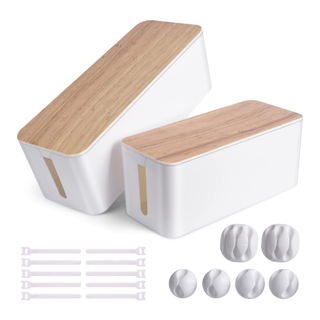 A pair of white and wooden cord concealer boxes